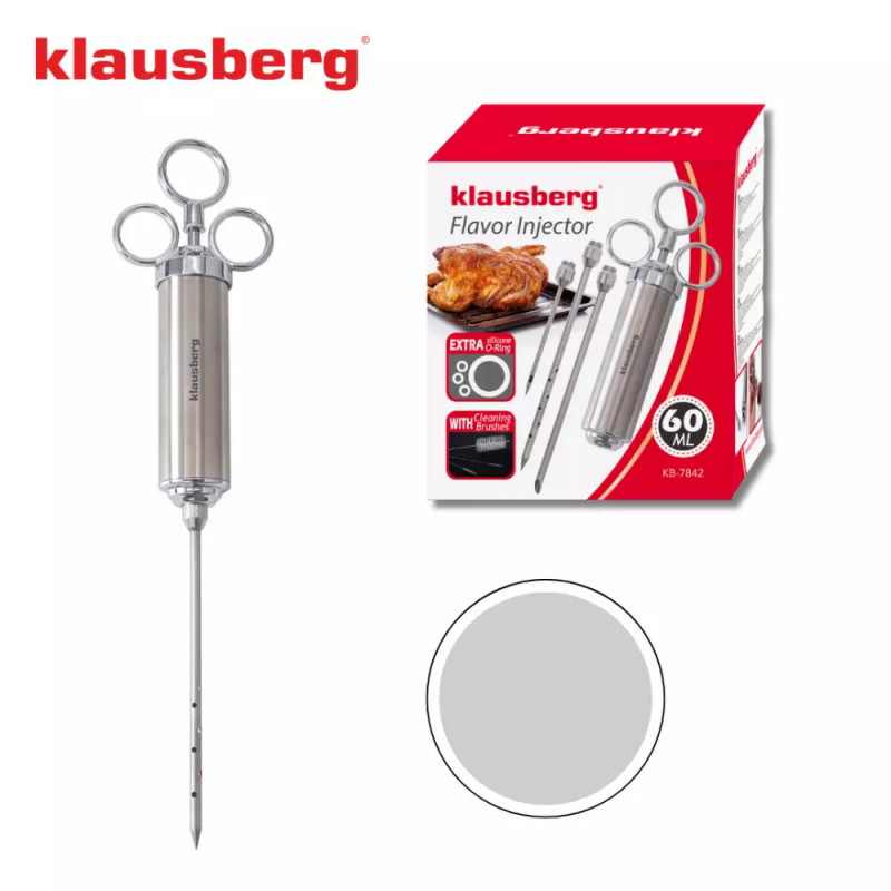 Σύριγγα μαριναρίσματος κρέατος Klausberg KB 7842, 60 ml, 3 βελόνες, Ανοξείδωτο ατσάλι, χωρίς BPA, Ασημί
