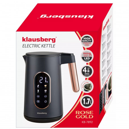 Ηλεκτρικός βραστήρας Klausberg KB 7892, 2200W, 1.7 l, 13 ρυθμίσεις, 4 προγράμματα, οθόνη LED, περιστρεφόμενη βάση, μαύρο/ροζ χρυσό