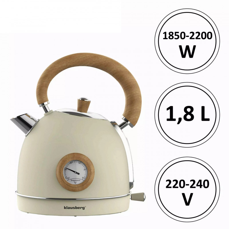 Ηλεκτρικός βραστήρας με θερμόμετρο Klausberg KB 7906, 2200W, 1.8 l, Ένδειξη στάθμης νερού, Προστασία υπερθέρμανσης, Κρέμα
