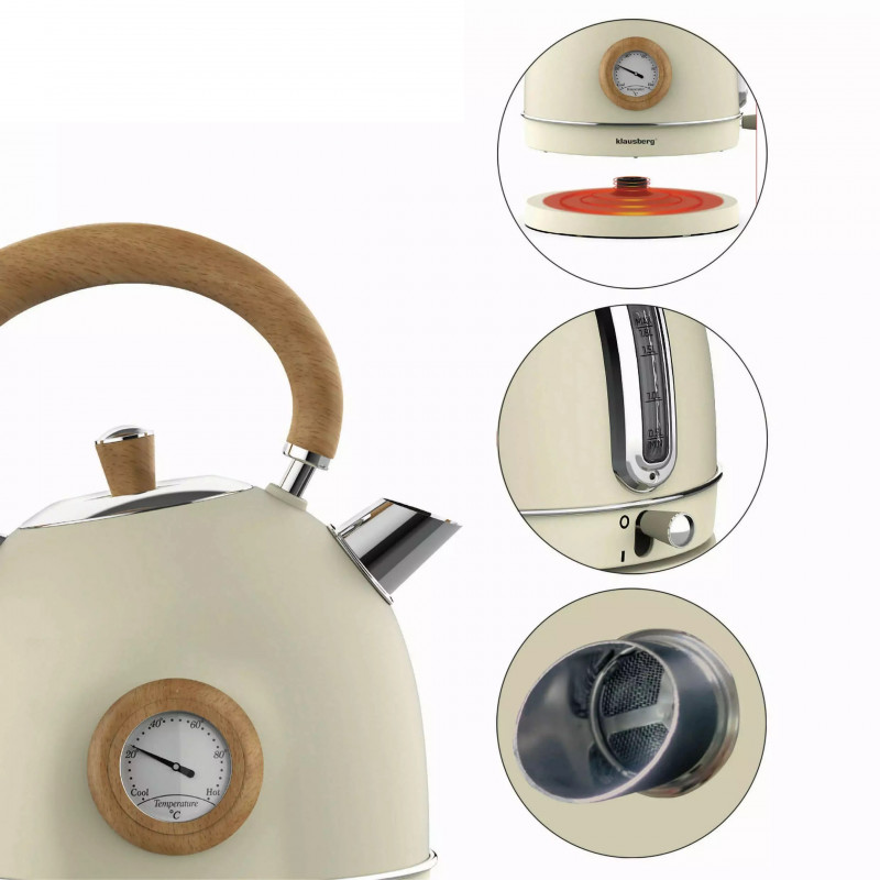 Ηλεκτρικός βραστήρας με θερμόμετρο Klausberg KB 7906, 2200W, 1.8 l, Ένδειξη στάθμης νερού, Προστασία υπερθέρμανσης, Κρέμα
