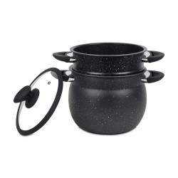 Ατμομάγειρας Royalty Line RL-CP6LM, 20 cm, 6 λίτρα, 3 τεμάχια, μαρμάρινο φινίρισμα, επαγωγή, Μαύρο