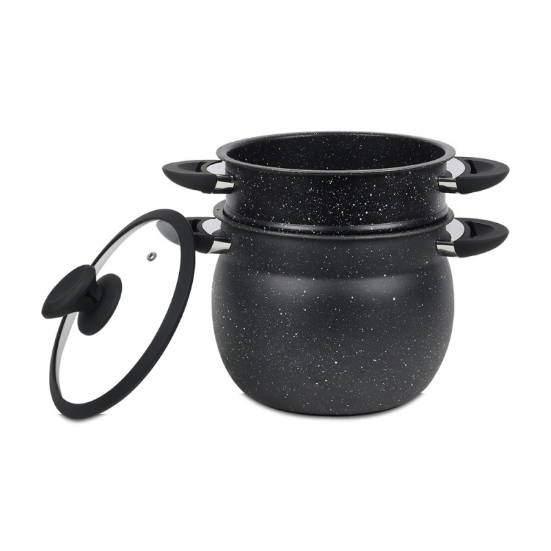 Ατμομάγειρας Royalty Line RL-CP6LM, 20 cm, 6 λίτρα, 3 τεμάχια, μαρμάρινο φινίρισμα, επαγωγή, Μαύρο
