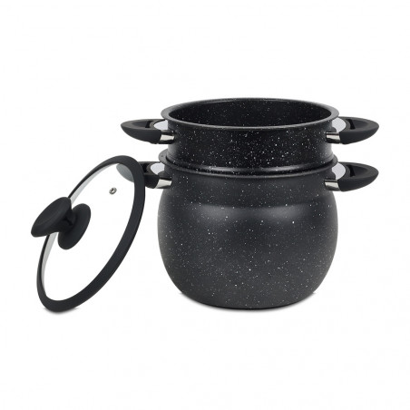 Ατμομάγειρας Royalty Line RL-CP6LM, 20 cm, 6 λίτρα, 3 τεμάχια, μαρμάρινο φινίρισμα, επαγωγή, Μαύρο