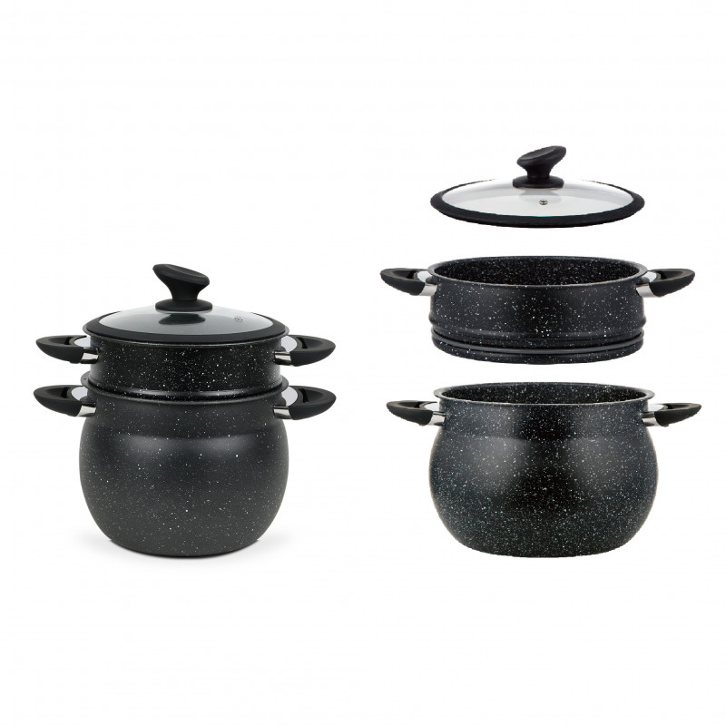 Ατμομάγειρας Royalty Line RL-CP6LM, 20 cm, 6 λίτρα, 3 τεμάχια, μαρμάρινο φινίρισμα, επαγωγή, Μαύρο