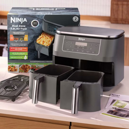 Διπλή φριτέζα με ζεστό αέρα Ninja DZ300EU, 7,6 λίτρα, 6 προγράμματα, χρονοδιακόπτης, ανεξάρτητες ζώνες, γκρι