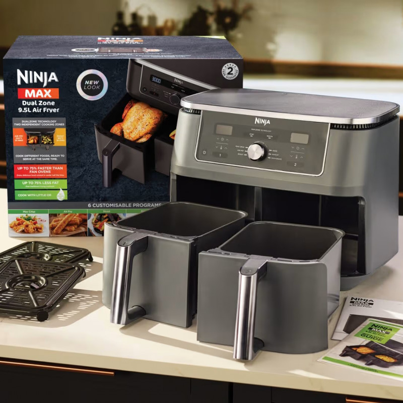 Διπλή φριτέζα με ζεστό αέρα Ninja DZ400EU, 9,5 l, 6 προγράμματα, Χρονοδιακόπτης, Ανεξάρτητες ζώνες, Γκρι