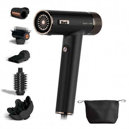 Στεγνωτήρας μαλλιών Shark SpeedStyle Pro HD752EU, 1750W, 3 ταχύτητες, 4 ρυθμίσεις θερμοκρασίας, Αυτόματη ρύθμιση θερμοκρασίας και ροής αέρα, Ιονισμός, Cool Shot, 5 εξαρτήματα, Μαύρο