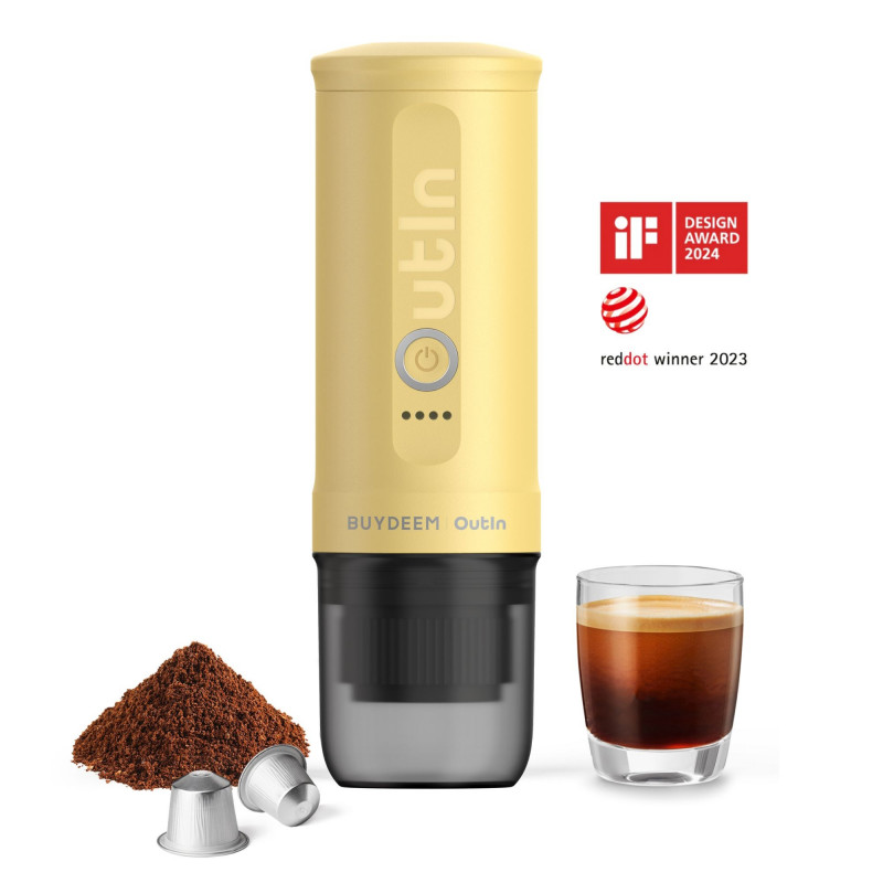 Φορητή μηχανή espresso BUYDEEM Outin Nano OTEM-01, 7500 mAh, 20 bar, 50 ml, 12/24V, φόρτιση USB και Type-C, έδαφος + κάψουλες, κίτρινο