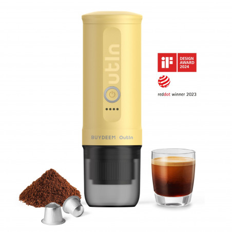 Φορητή μηχανή espresso BUYDEEM Outin Nano OTEM-01, 7500 mAh, 20 bar, 50 ml, 12/24V, φόρτιση USB και Type-C, έδαφος + κάψουλες, κίτρινο