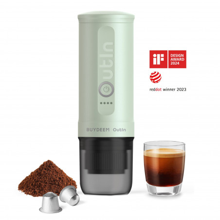 Φορητή μηχανή espresso BUYDEEM Outin Nano OTEM-01, 7500 mAh, 20 bar, 50 ml, 12/24V, φόρτιση USB και Type-C, έδαφος + κάψουλες, πράσινο