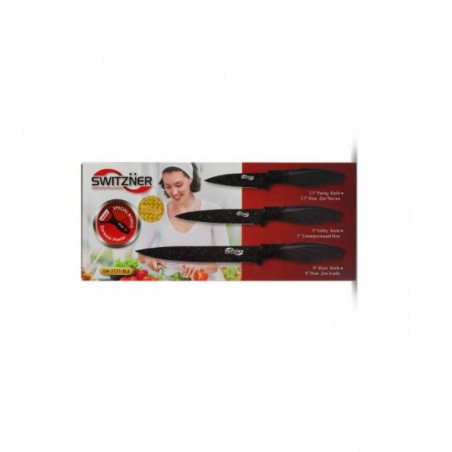 Σετ μαχαιριών και αποφλοιωτών Switzňer SW-5555-BLK, 4 τεμάχια, Αποφλοιωτής, Κεραμική επίστρωση, Ακόνισμα με λέιζερ, Ανοξείδωτο ατσάλι, Μαύρο
