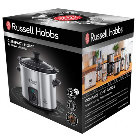 Russell Hobbs Compact Home Slow Cooker 25570-56, 145W, 2L, 3 ρυθμίσεις θερμοκρασίας, Κεραμικά σκεύη μαγειρέματος, χωρίς BPA και PFAS, Μαύρο/inox
