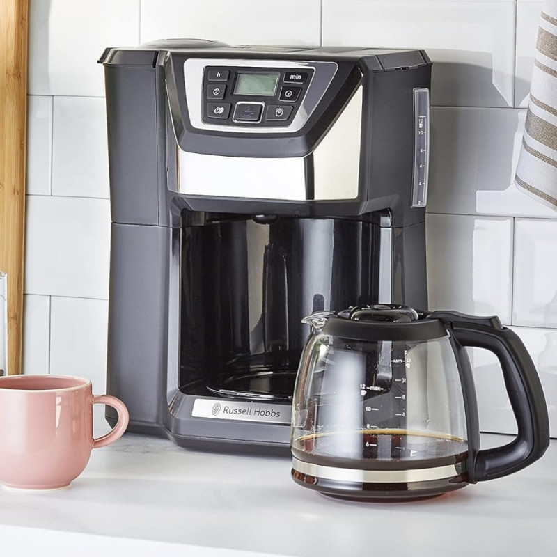 Καφετιέρα Russell Hobbs Victory Grind & Brew 22000-56, 1025W, 1,5 L, 250 g, 12 φλιτζάνια, χρονοδιακόπτης, ενσωματωμένο φίλτρο, μαύρο/οξυζενέ