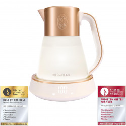 Βραστήρας Russell Hobbs Calm 27450-70, 2400W, 1,7 l, 40-100°C, Αθόρυβο βράσιμο, Κουμπιά αφής, Ηχητικές ειδοποιήσεις, 6 εναλλασσόμενα χρώματα, Προστασία, χωρίς BPA και PFAS, Λευκό/χρυσό