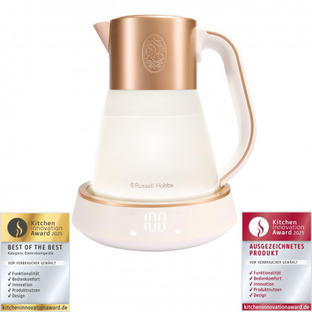 Βραστήρας Russell Hobbs Calm 27450-70, 2400W, 1,7 l, 40-100°C, Αθόρυβο βράσιμο, Κουμπιά αφής, Ηχητικές ειδοποιήσεις, 6 εναλλασσόμενα χρώματα, Προστασία, χωρίς BPA και PFAS, Λευκό/χρυσό
