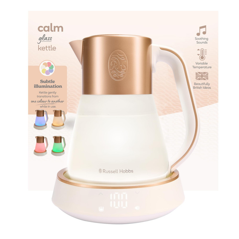 Βραστήρας Russell Hobbs Calm 27450-70, 2400W, 1,7 l, 40-100°C, Αθόρυβο βράσιμο, Κουμπιά αφής, Ηχητικές ειδοποιήσεις, 6 εναλλασσόμενα χρώματα, Προστασία, χωρίς BPA και PFAS, Λευκό/χρυσό