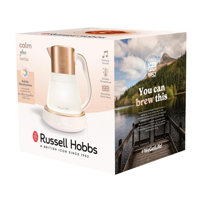Βραστήρας Russell Hobbs Calm 27450-70, 2400W, 1,7 l, 40-100°C, Αθόρυβο βράσιμο, Κουμπιά αφής, Ηχητικές ειδοποιήσεις, 6 εναλλασσόμενα χρώματα, Προστασία, χωρίς BPA και PFAS, Λευκό/χρυσό