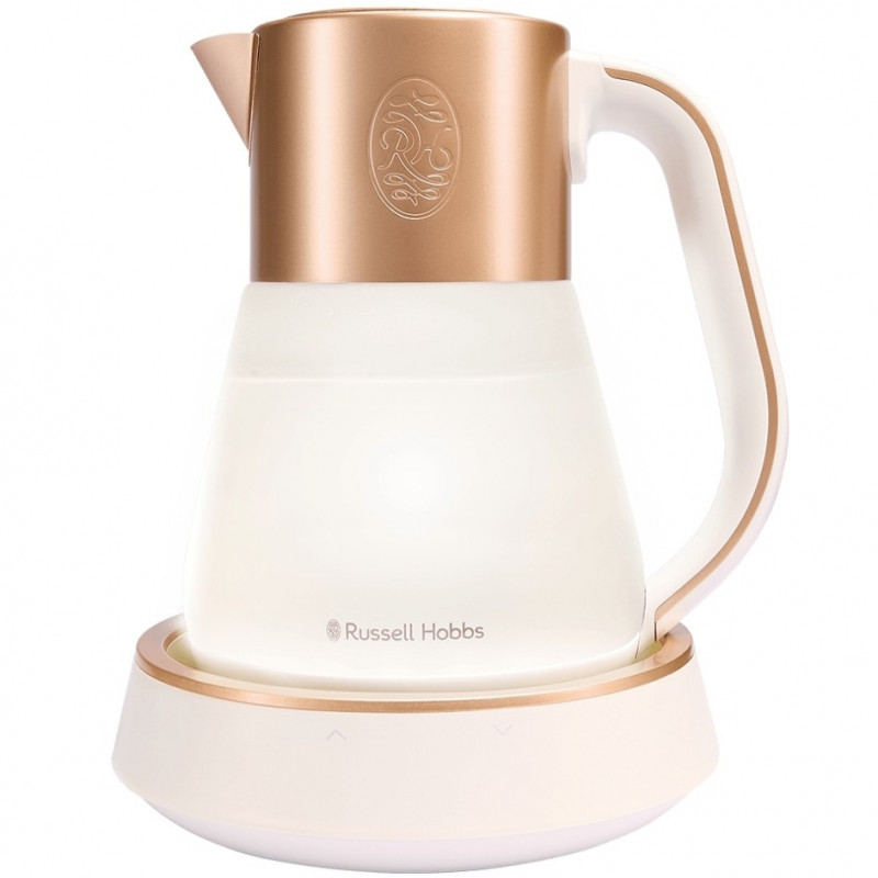 Βραστήρας Russell Hobbs Calm 27450-70, 2400W, 1,7 l, 40-100°C, Αθόρυβο βράσιμο, Κουμπιά αφής, Ηχητικές ειδοποιήσεις, 6 εναλλασσόμενα χρώματα, Προστασία, χωρίς BPA και PFAS, Λευκό/χρυσό