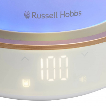 Βραστήρας Russell Hobbs Calm 27450-70, 2400W, 1,7 l, 40-100°C, Αθόρυβο βράσιμο, Κουμπιά αφής, Ηχητικές ειδοποιήσεις, 6 εναλλασσόμενα χρώματα, Προστασία, χωρίς BPA και PFAS, Λευκό/χρυσό