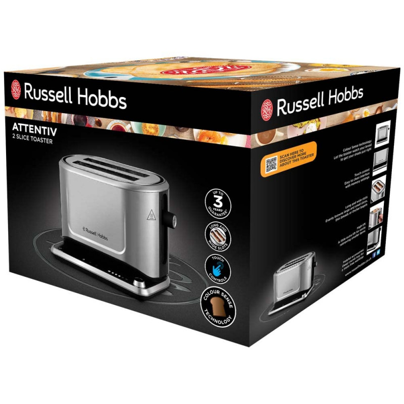 Τοστιέρα ψωμιού Russell Hobbs Attentiv 26210-56, 1640W, 2 φέτες, 6 στάδια, κεντράρισμα, έλεγχος αφής, LED, αποθήκευση, υψηλή ανύψωση, χωρίς BPA και PFAS, Inox/μαύρο