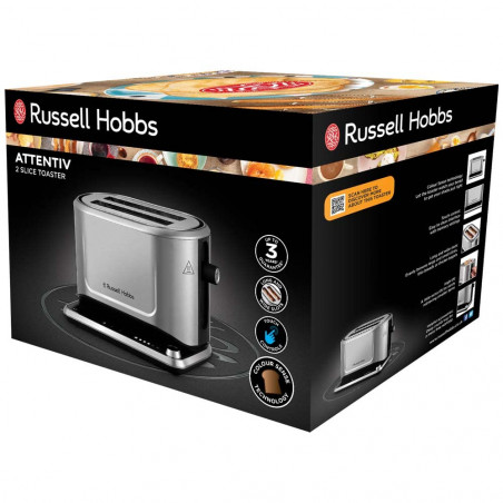 Τοστιέρα ψωμιού Russell Hobbs Attentiv 26210-56, 1640W, 2 φέτες, 6 στάδια, κεντράρισμα, έλεγχος αφής, LED, αποθήκευση, υψηλή ανύψωση, χωρίς BPA και PFAS, Inox/μαύρο