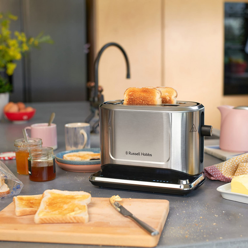 Τοστιέρα ψωμιού Russell Hobbs Attentiv 26210-56, 1640W, 2 φέτες, 6 στάδια, κεντράρισμα, έλεγχος αφής, LED, αποθήκευση, υψηλή ανύψωση, χωρίς BPA και PFAS, Inox/μαύρο