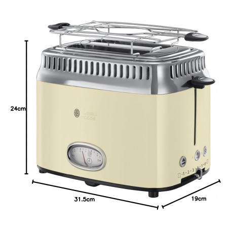Russell Hobbs Retro Vintage Κρέμα Τοστιέρα 21682-56, 1300W, 2 φέτες, 6 επίπεδα, Κλίμακα ένδειξης ρετρό, Lift & Look, Γρήγορη φρυγανιά, Κρέμα/Inox