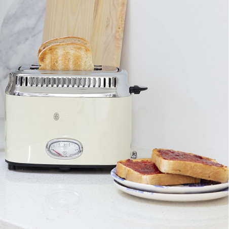 Russell Hobbs Retro Vintage Κρέμα Τοστιέρα 21682-56, 1300W, 2 φέτες, 6 επίπεδα, Κλίμακα ένδειξης ρετρό, Lift & Look, Γρήγορη φρυγανιά, Κρέμα/Inox