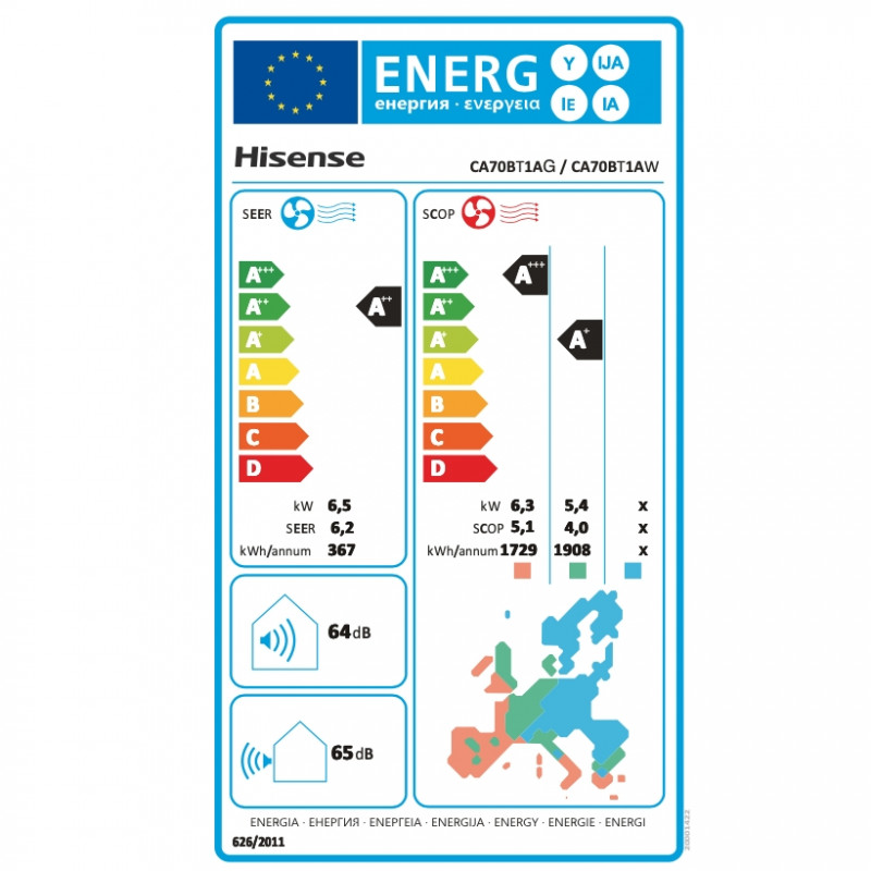 Κλιματιστικό Inverter Hisense Easy Smart CA70BT1A, 24000 BTU, 48 m2, A++, Αθόρυβη λειτουργία, FreezeProtect έως -15°C, Λευκό