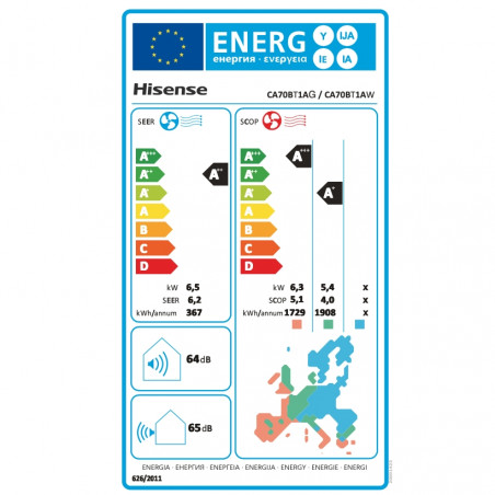 Κλιματιστικό Inverter Hisense Easy Smart CA70BT1A, 24000 BTU, 48 m2, A++, Αθόρυβη λειτουργία, FreezeProtect έως -15°C, Λευκό
