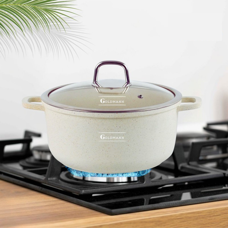 Κατσαρόλα Goldmann GM-0324B, 4,5 l, 24 cm, Αντικολλητική μαρμάρινη επίστρωση, Καπάκι με άνοιγμα, Επαγωγή, Μπεζ