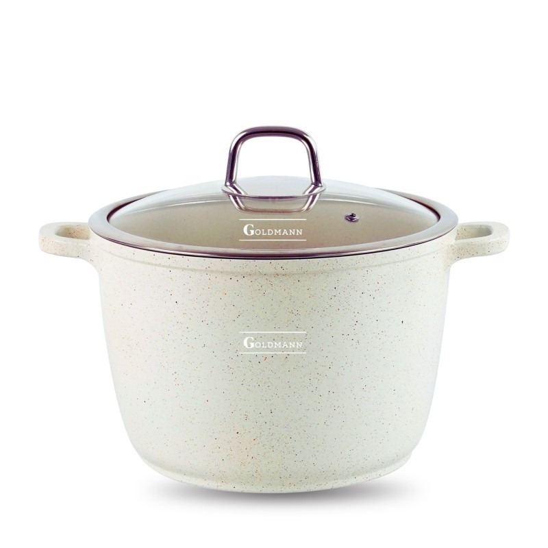Βαθιά κατσαρόλα Goldmann GM-0624B, 24 cm, 6.2 l, Αντικολλητική μαρμάρινη επίστρωση, Καπάκι με άνοιγμα, Επαγωγή, Μπεζ