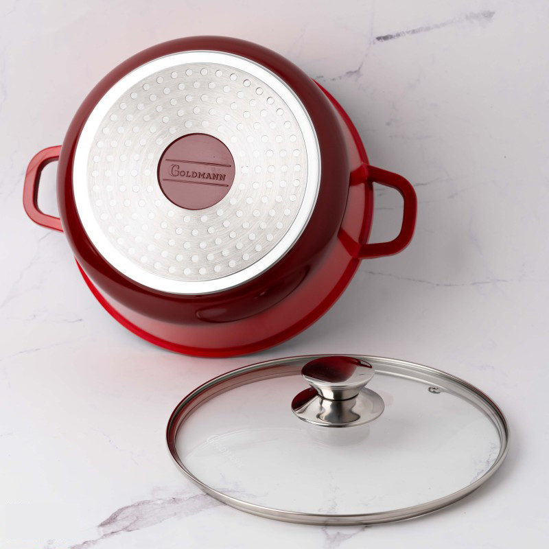 Βαθιά κατσαρόλα Goldmann GM-0624R, 24 cm, 6.2 l, Αντικολλητική μαρμάρινη επίστρωση, Καπάκι με άνοιγμα, Επαγωγή, Κόκκινο