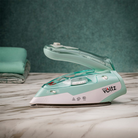 Σίδερο ταξιδιού Oliver Voltz OV51050K, 1100W, 55 ml, Πτυσσόμενη λαβή, Προστασία από υπερθέρμανση, Τυρκουάζ/Λευκό