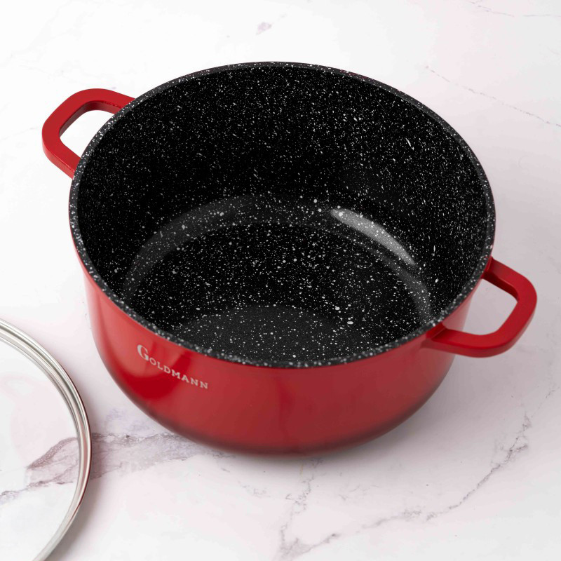 Κατσαρόλα Goldmann GM-7328R, 6,5 l, 28 cm, Αντικολλητική μαρμάρινη επίστρωση, Καπάκι με άνοιγμα, Επαγωγή, Κόκκινο