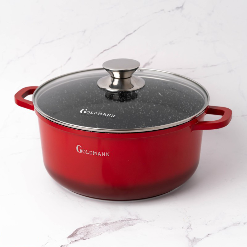 Κατσαρόλα Goldmann GM-7328R, 6,5 l, 28 cm, Αντικολλητική μαρμάρινη επίστρωση, Καπάκι με άνοιγμα, Επαγωγή, Κόκκινο