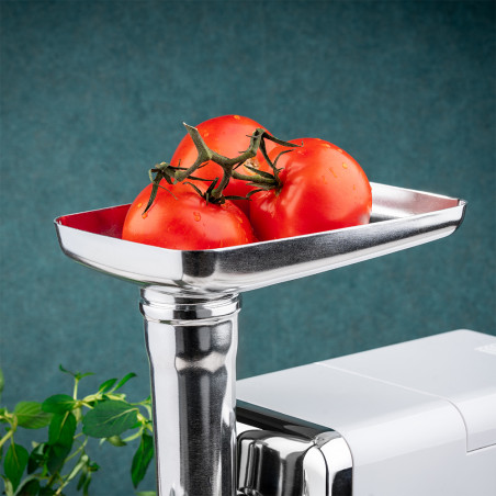 Ηλεκτρική μηχανή για κιμά με εξάρτημα για ντομάτα Oliver Voltz OV51991D, 2000W, Λειτουργία αντίστροφης κίνησης, Αξεσουάρ, Λευκό