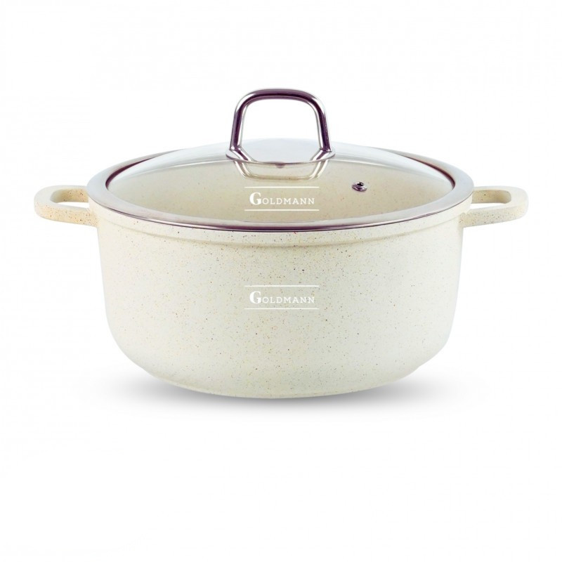 Κατσαρόλα Goldmann GM-0324B, 4,5 l, 24 cm, Αντικολλητική μαρμάρινη επίστρωση, Καπάκι με άνοιγμα, Επαγωγή, Μπεζ