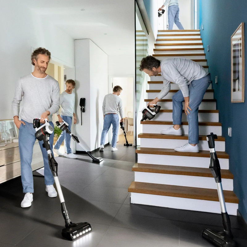 Σκούπα όρθια Bosch Unlimited 7 BBS711W, 300 ml, μοτέρ TurboSpin, φώτα LED, αυτονομία 40 λεπτά, Λευκό/μαύρο