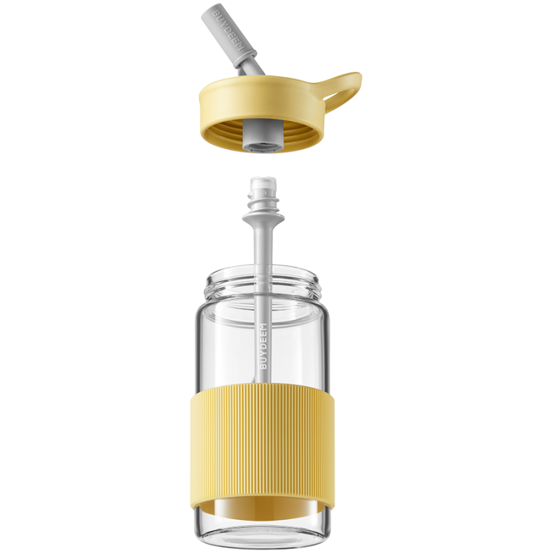 Buydeem CD1017-MY φορητό μπουκάλι ποτών, 500 ml, Ενσωματωμένο καλαμάκι, Αδιάβροχο, Ανθεκτικό στη θερμότητα γυαλί έως 150°C, Χωρίς BPA, Κίτρινο