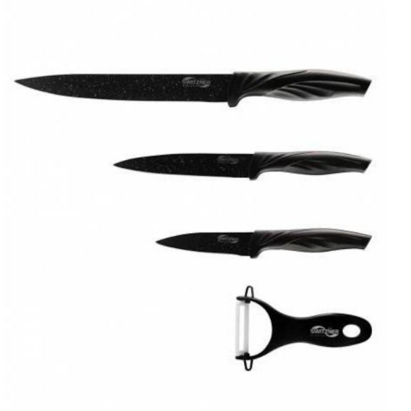 Σετ μαχαιριών και αποφλοιωτών Switzňer SW-5555-BLK, 4 τεμάχια, Αποφλοιωτής, Κεραμική επίστρωση, Ακόνισμα με λέιζερ, Ανοξείδωτο ατσάλι, Μαύρο