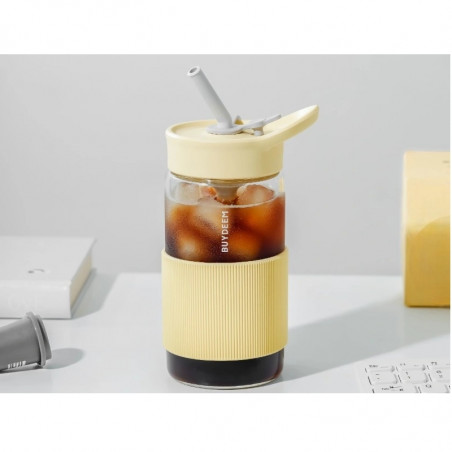 Buydeem CD1017-MY φορητό μπουκάλι ποτών, 500 ml, Ενσωματωμένο καλαμάκι, Αδιάβροχο, Ανθεκτικό στη θερμότητα γυαλί έως 150°C, Χωρίς BPA, Κίτρινο