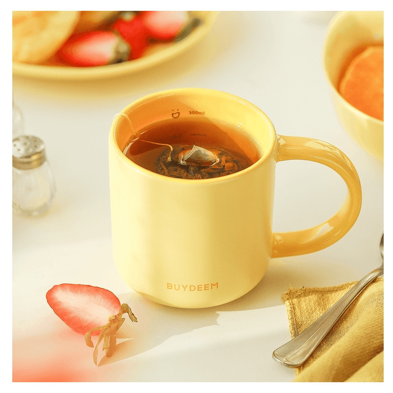 Κεραμικό φλιτζάνι τσαγιού και καφέ Buydeem CD1018-MY, 350 ml, Επίπεδος πάτος, Εσωτερική κλίμακα μέτρησης, Κεραμικό υψηλής θερμοκρασίας, Κίτρινο
