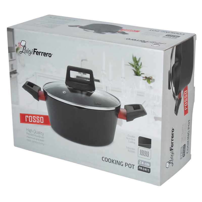 Κατσαρόλα Luigi Ferrero Rosso FR-2411, 24x11,5 cm, 4,1 l, Αντικολλητική επίστρωση, Γυάλινο καπάκι με τρύπα ατμού, Επαγωγική, Μαύρο