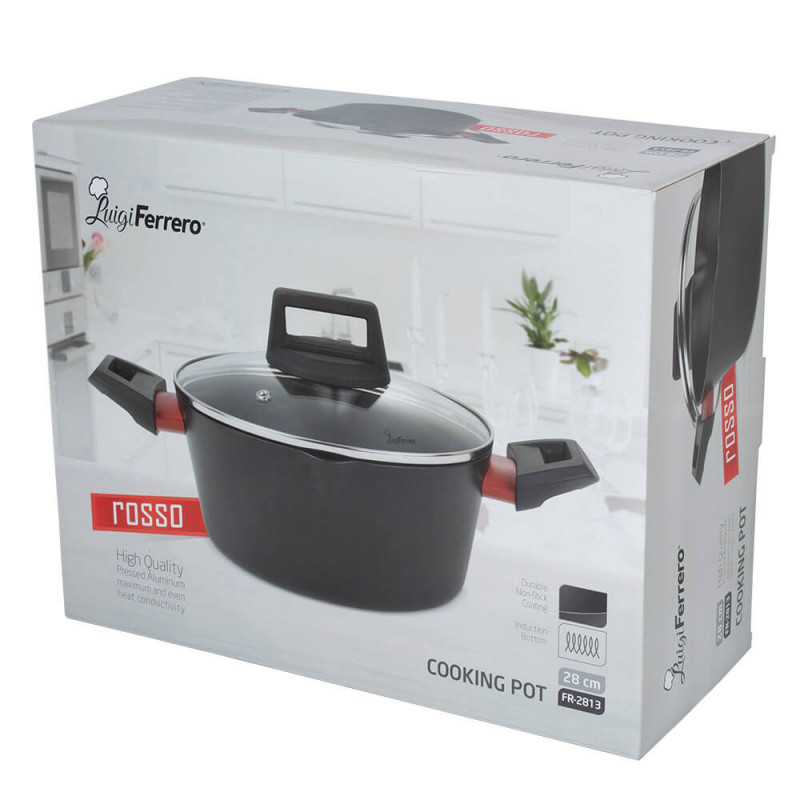Κατσαρόλα Luigi Ferrero Rosso FR-2813, 28x13,5 cm, 6,7 l, Αντικολλητική επίστρωση, Γυάλινο καπάκι με τρύπα ατμού, Επαγωγική, Μαύρο