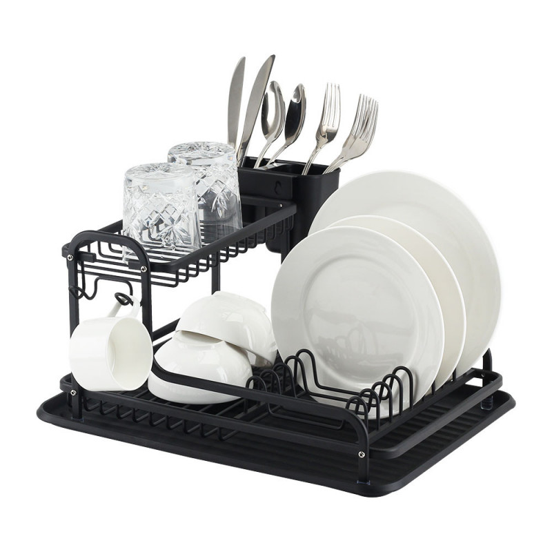 Στεγνωτήριο πιάτων Luigi Ferrero FR-4028AD, 43x38.5x22 cm, 2 επίπεδα, Δίσκος αποστράγγισης, Αντιολισθητικό, Βάσεις, Μαύρο