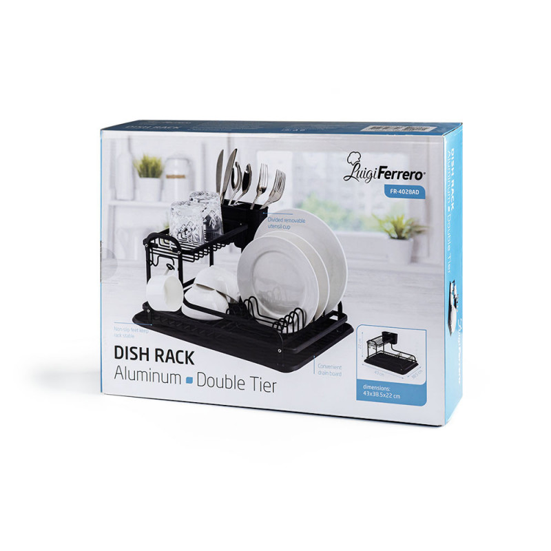 Στεγνωτήριο πιάτων Luigi Ferrero FR-4028AD, 43x38.5x22 cm, 2 επίπεδα, Δίσκος αποστράγγισης, Αντιολισθητικό, Βάσεις, Μαύρο