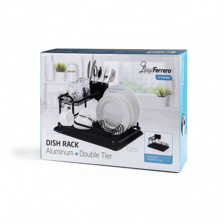 Στεγνωτήριο πιάτων Luigi Ferrero FR-4028AD, 43x38.5x22 cm, 2 επίπεδα, Δίσκος αποστράγγισης, Αντιολισθητικό, Βάσεις, Μαύρο