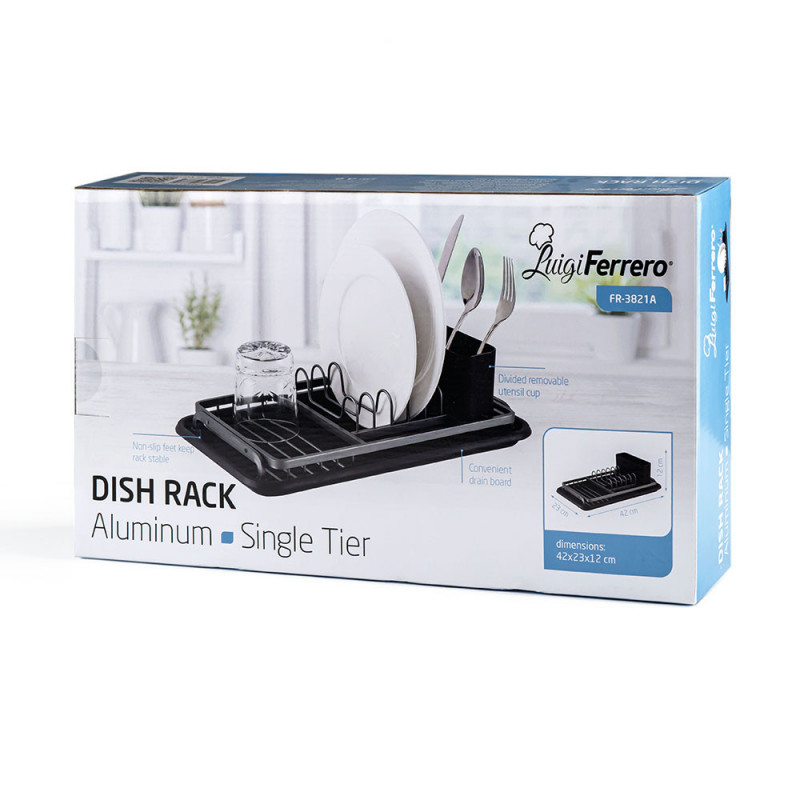 Στεγνωτήριο πιάτων Luigi Ferrero FR-3821A, 42x23x12 cm, Αντιολισθητικά πόδια, Δίσκος αποστράγγισης, Μαύρο/γκρι