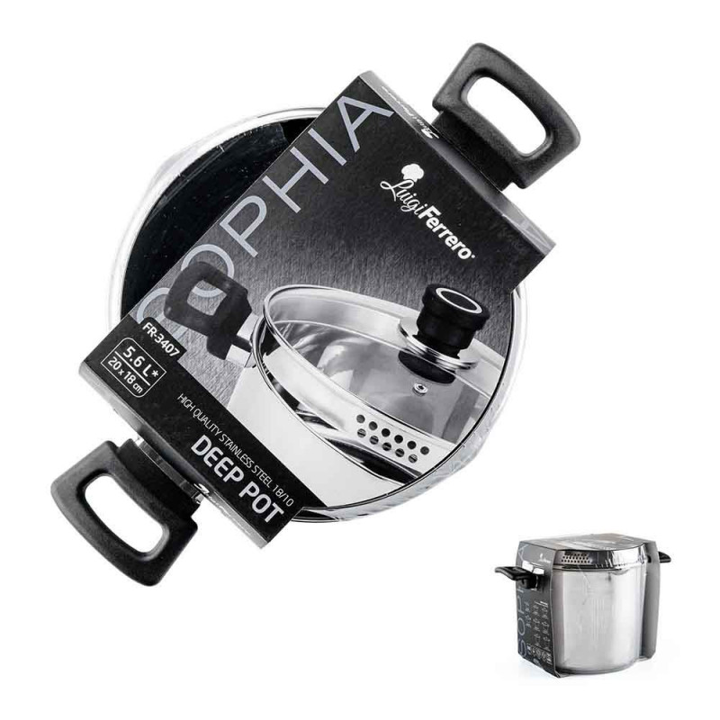 Βαθιά κατσαρόλα Luigi Ferrero Sophia FR-3407, 20x18 cm, 5.6 l, Ατσάλι 18/10, Γυάλινο καπάκι με τρύπα ατμού, Επαγωγή, Inox